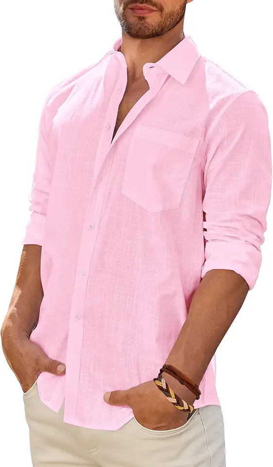 DEMEANOR Mens Linen Textured Shirt Long Sleeve Casual Cotton Solid Regular Fit Wedding Summer Beach Button Down Shirt