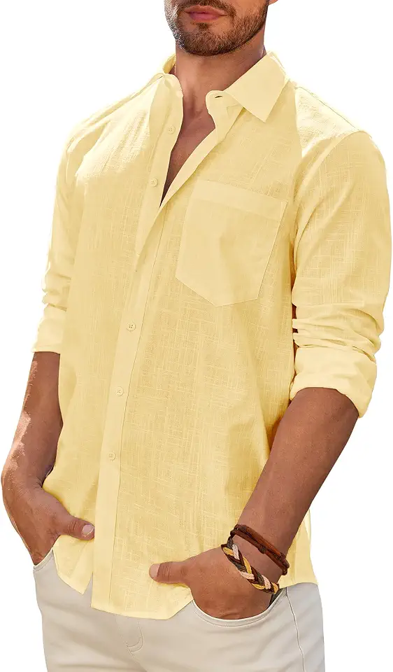Global Recycled Standard Mens Cotton Linen Textured Shirt Long Sleeve Button Down Shirt Summer Beach