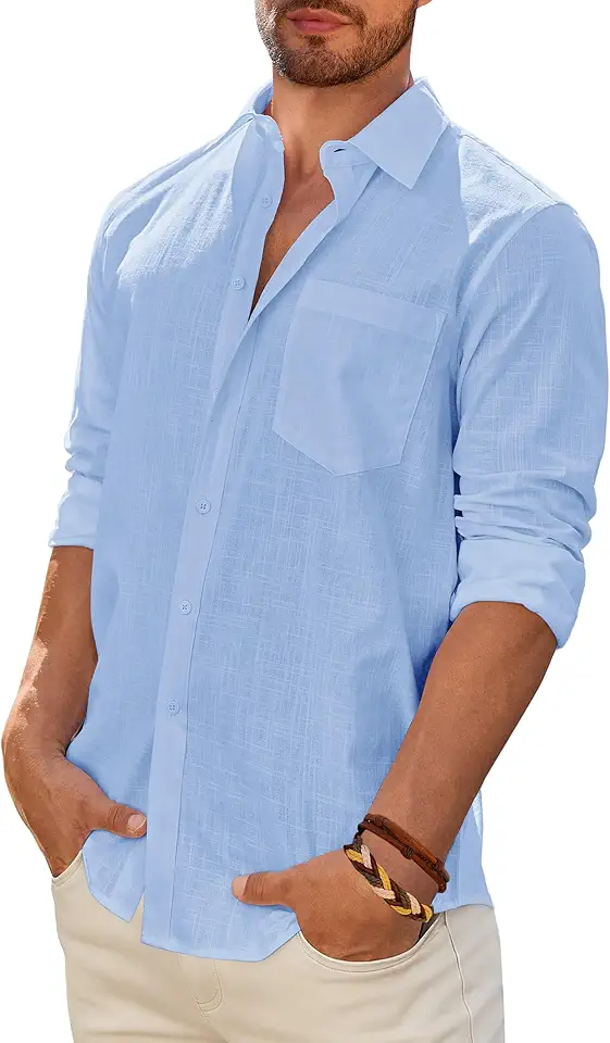 DEMEANOR Mens Linen Textured Shirt Long Sleeve Casual Cotton Solid Regular Fit Wedding Summer Beach Button Down Shirt