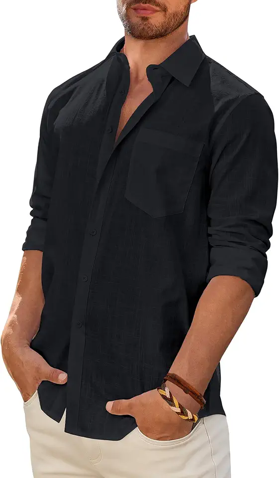 Global Recycled Standard Mens Cotton Linen Textured Shirt Long Sleeve Button Down Shirt Summer Beach