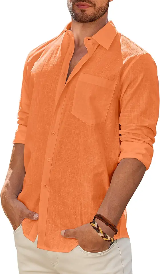 DEMEANOR Mens Linen Textured Shirt Long Sleeve Casual Cotton Solid Regular Fit Wedding Summer Beach Button Down Shirt