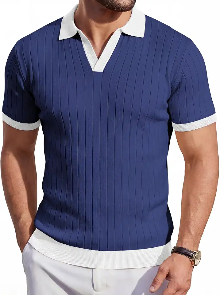 Mens Knit Polo Shirt Short Sleeve Slim Fit Contrast Collar