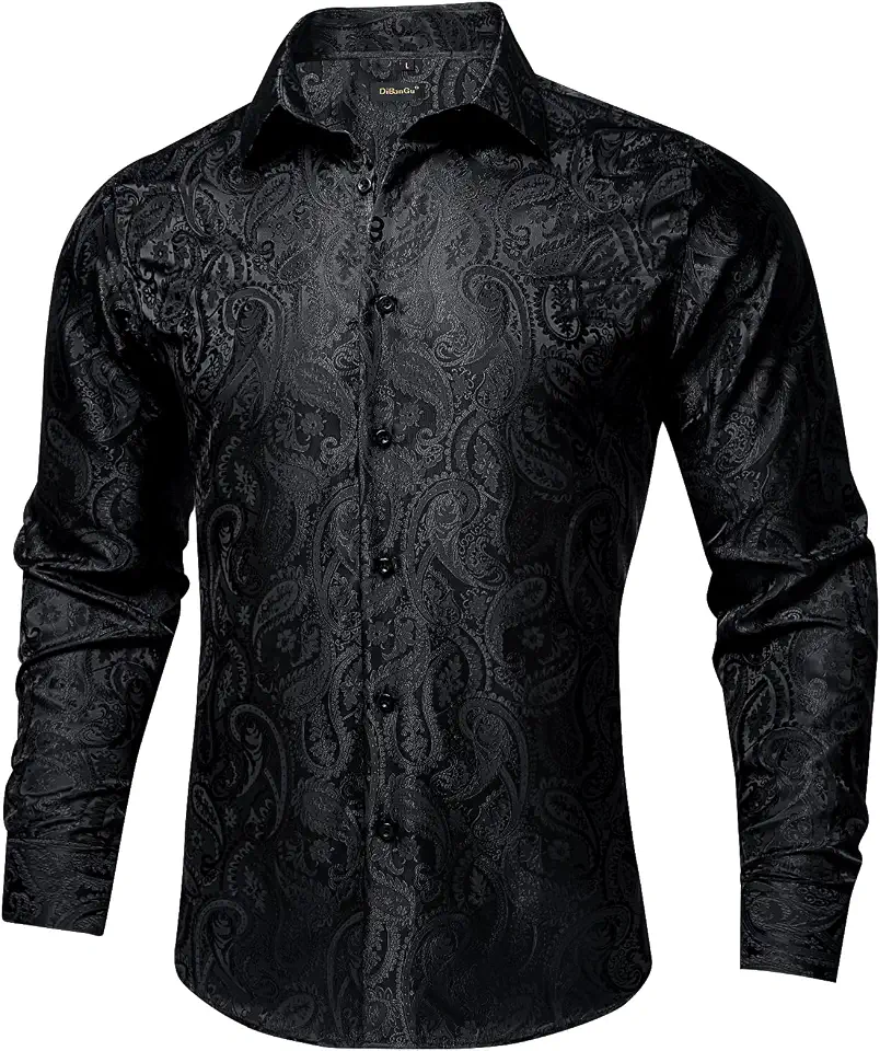 DiBanGu Silk Paisley Dress Shirt for Men Long Sleeve Button Down Shirts