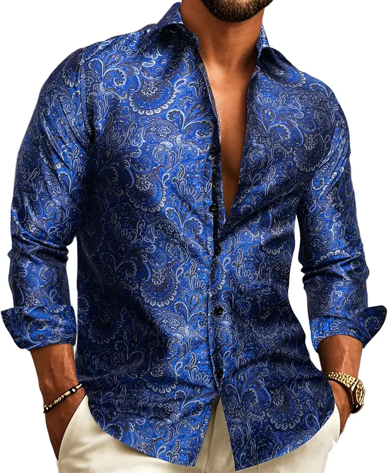 Barry.Wang Mens Western Shirts Long Sleeve Button Down