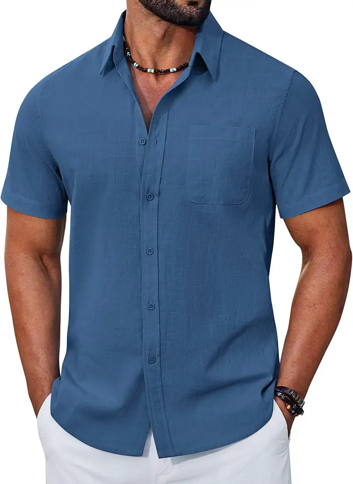 Global Recycled Standard COOFANDY Mens Button Down Shirt Short Sleeve Casual Stylish Cotton Shirts Linen Textured Summer Beach Wedding Shirt