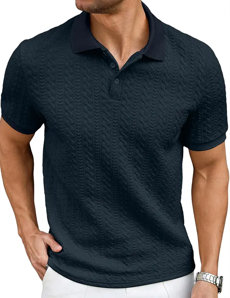 JMIERR Men's Cable Knit Polo Shirts Elasticity Short Sleeve