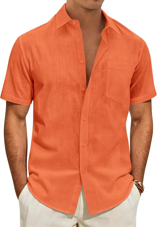 Global Recycled Standard Linen Shirts for Men Short Sleeve Button Down Casual Shirt Cotton Beach Summer Collared Top with Pocket