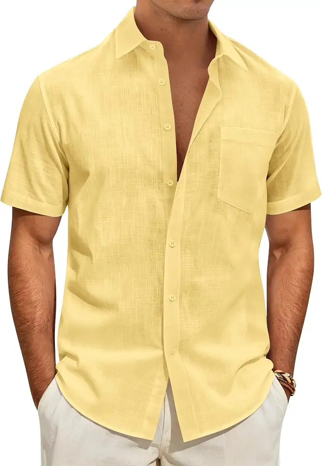Linen Shirts for Men Short Sleeve Button Down Casual Shirt Cotton Beach Summer Collared Top with Pocket