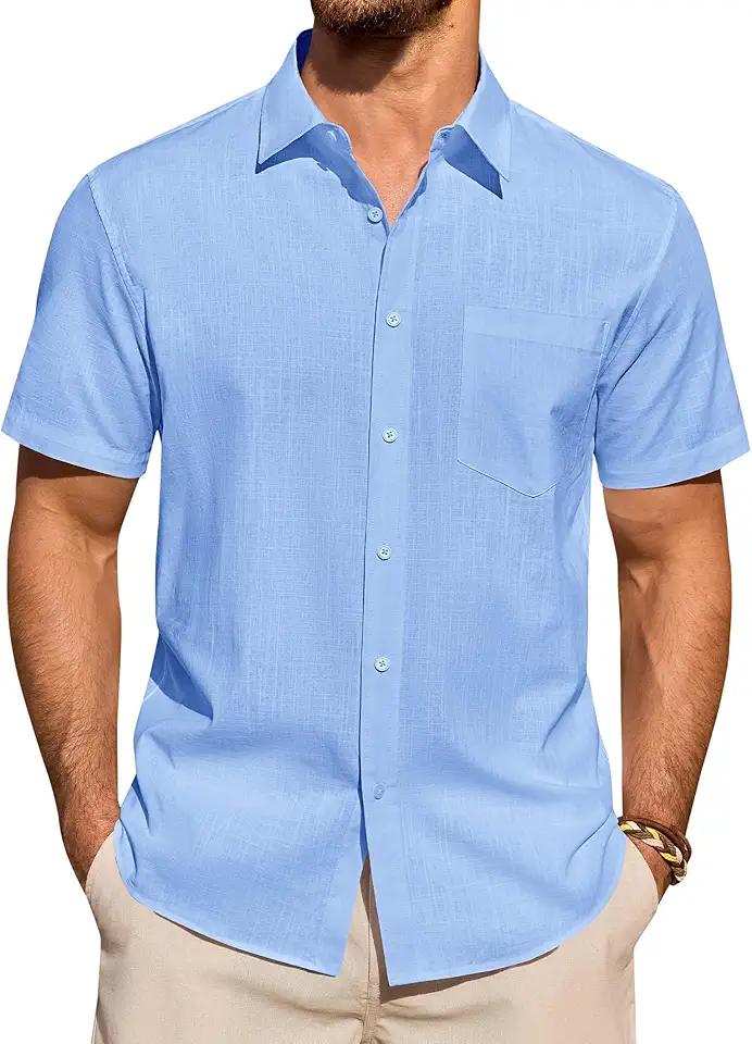 Men's Regular Fit Blue Short Sleeve Button Down Linen Shirt
