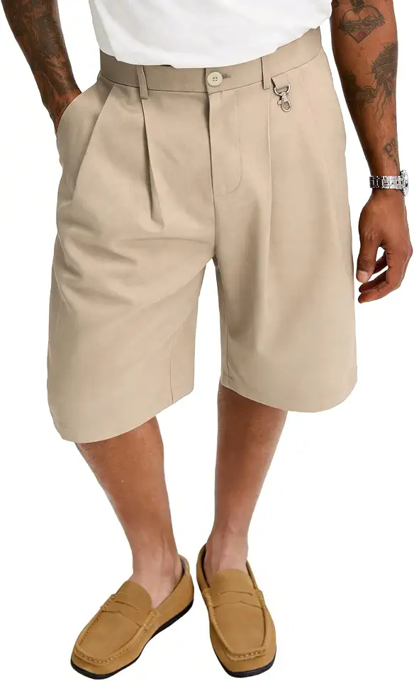 PLEPAN Men's Baggy Casual Shorts Pleated Dress Business Shorts