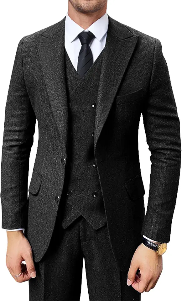 Global Recycled Standard Retro 3 Piece Suit for Men Herringbone Tweed Suit Prom Tuxedo Men