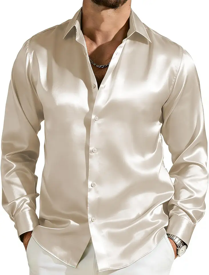 Barry.Wang Shiny Mens Satin Shirt Disco Long Sleeve Silk Button Down Shirts