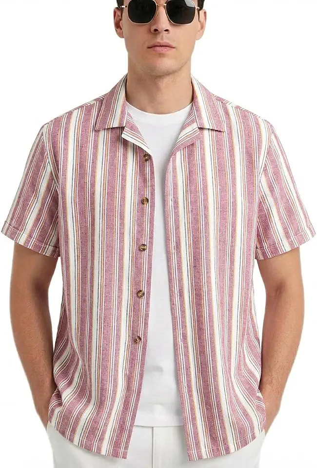 Men's Striped Camp Collar Short Sleeve Shirt