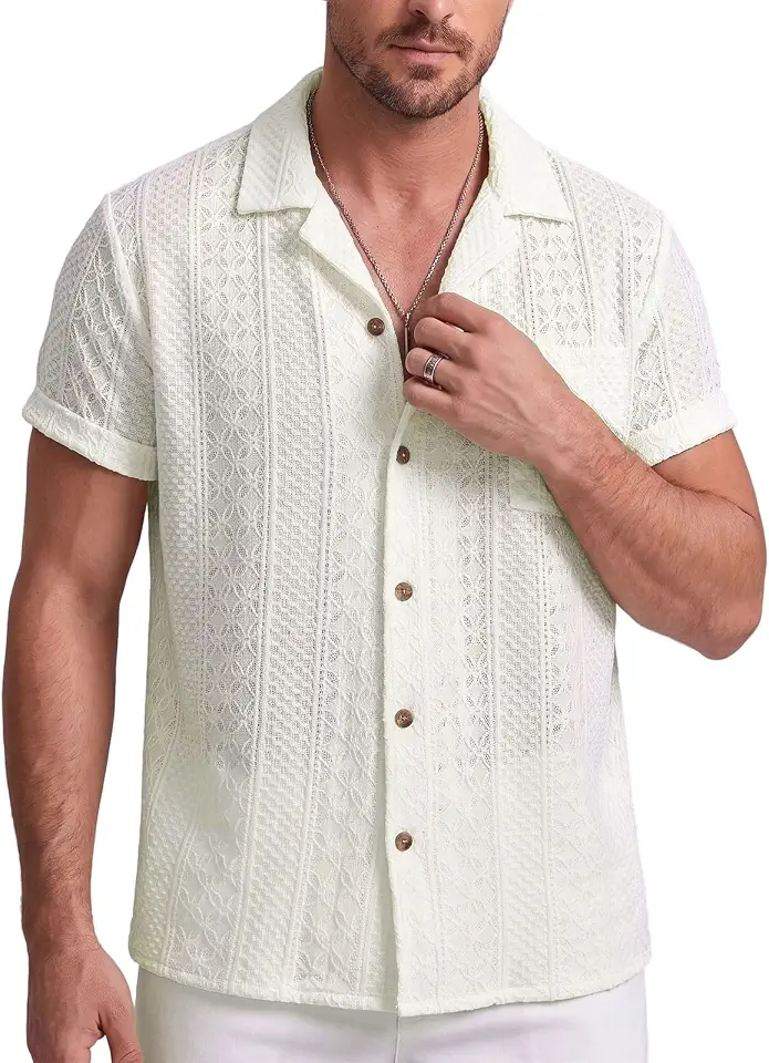 Men's Beige Crochet Camp Collar Shirt