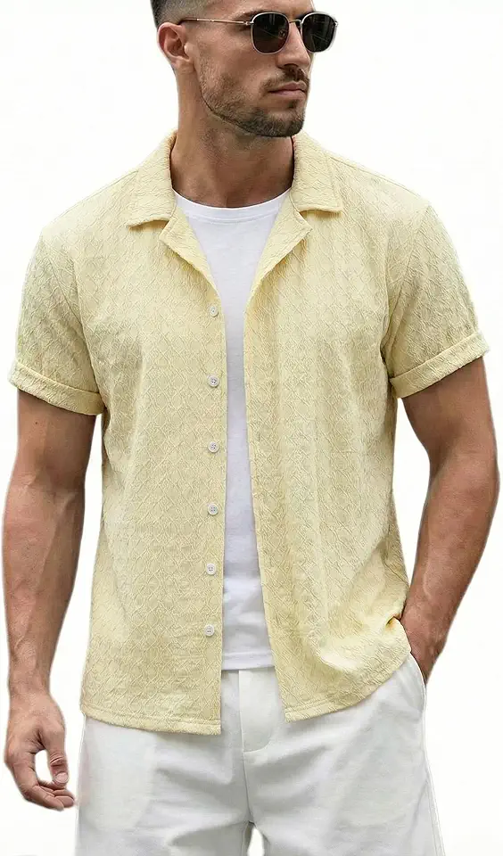 Men's Casual Square Grid Dual Pockets Design Camp Collar Short Sleeves Shirt