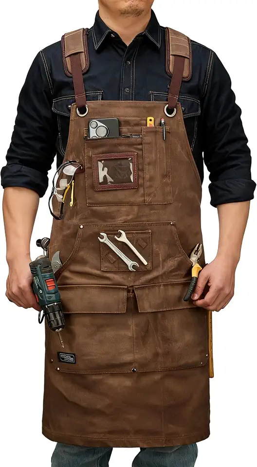 COOLJOB 16oz Waxed Canvas Work Apron with 11 Tool Pockets and Tape Holder