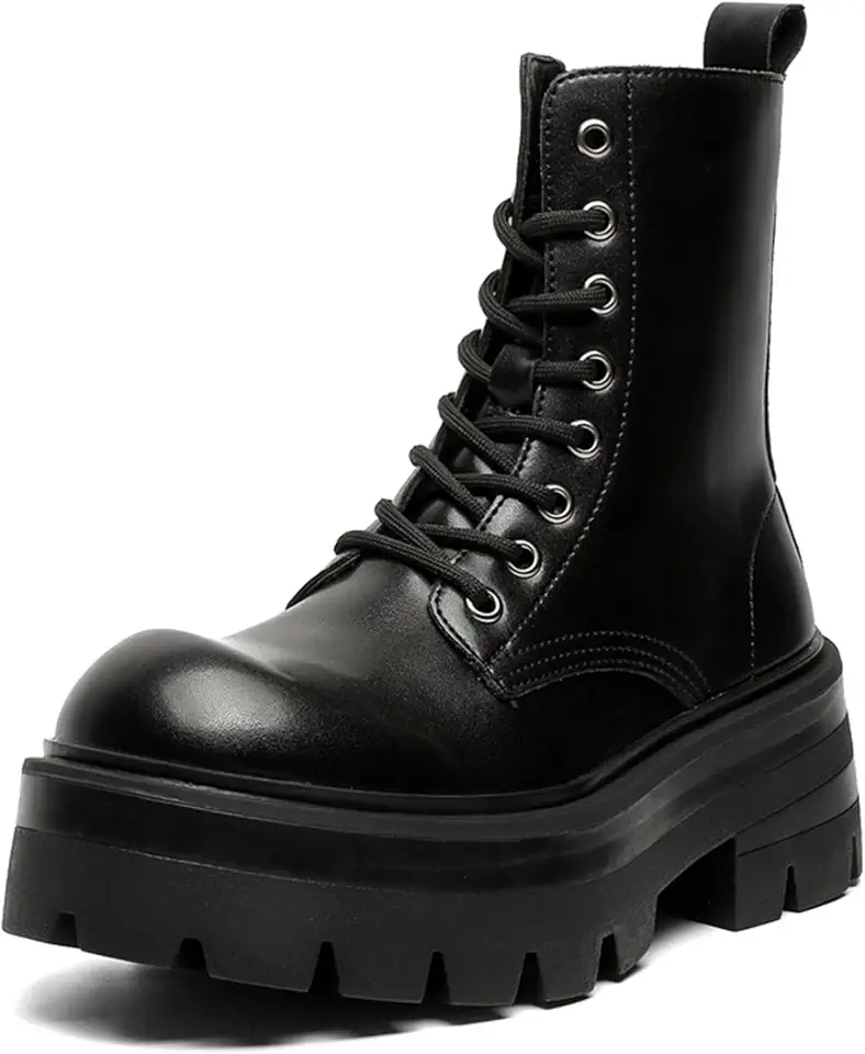 CrazySavage Men's Black Leather Lace-up Platform Combat Boots Wide Toe Side Zipper Chunky Heel Lug Sole Ankle Booties Comfort High Top Waterproof Biker Boots
