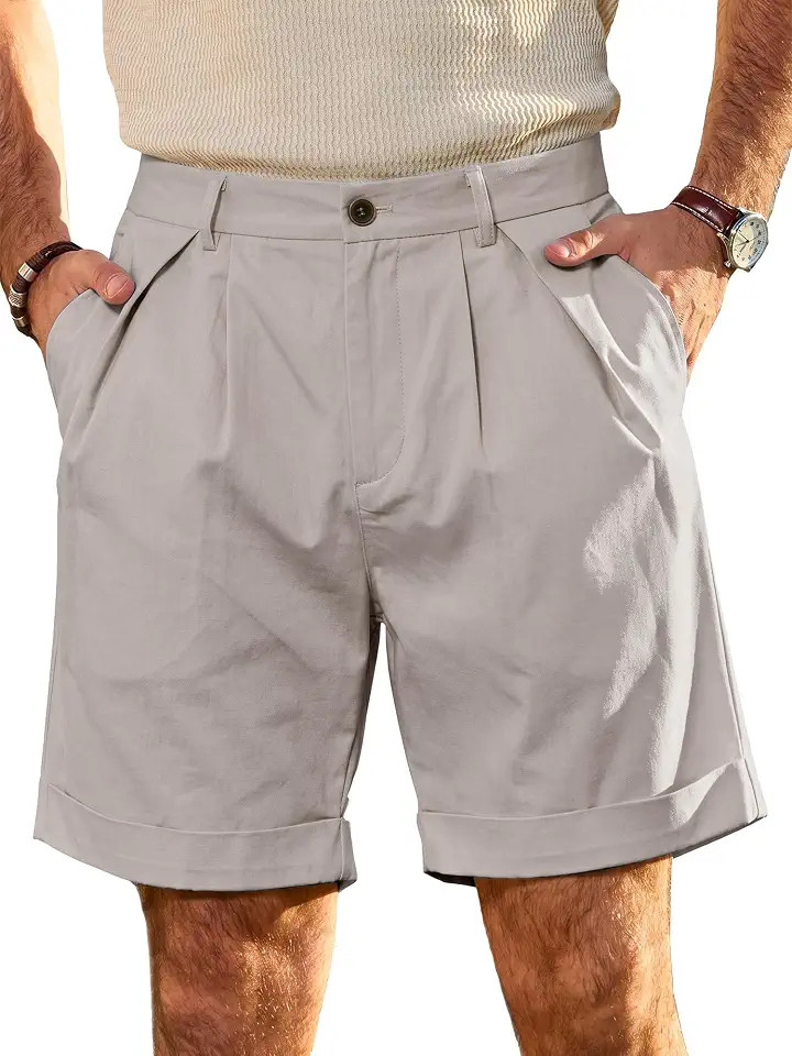 JEMLDL Men's Cotton Linen Shorts 7.5 Inch Inseam Casual Pleated Shorts