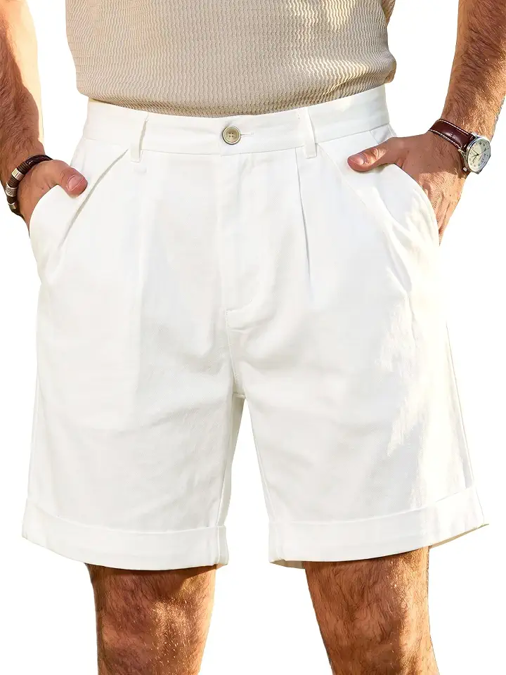 JEMLDL Men's Cotton Linen Shorts 7.5 Inch Inseam Casual Pleated Shorts
