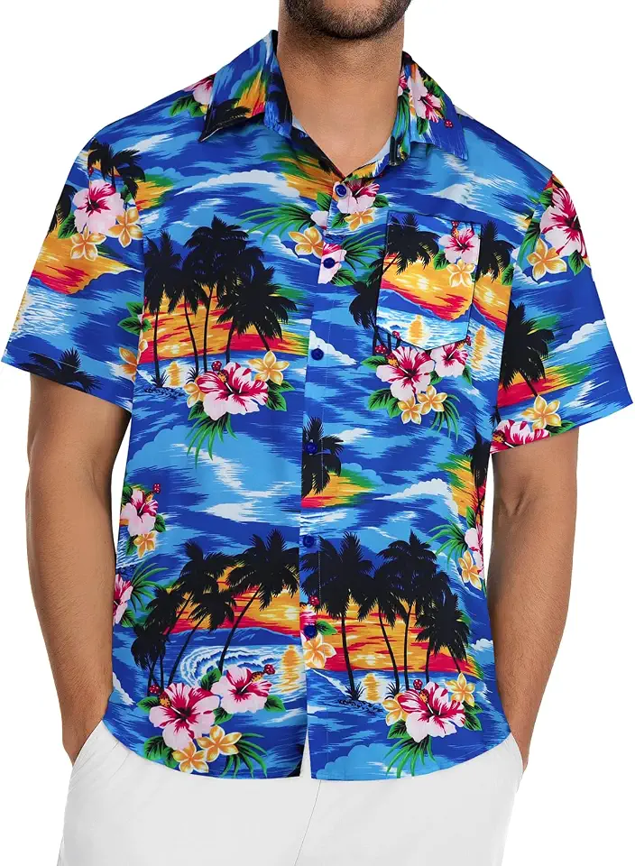 Global Recycled Standard Men Hawaiian Shirt Short Sleeve Summer Beach Button Down Shirts with Pocket