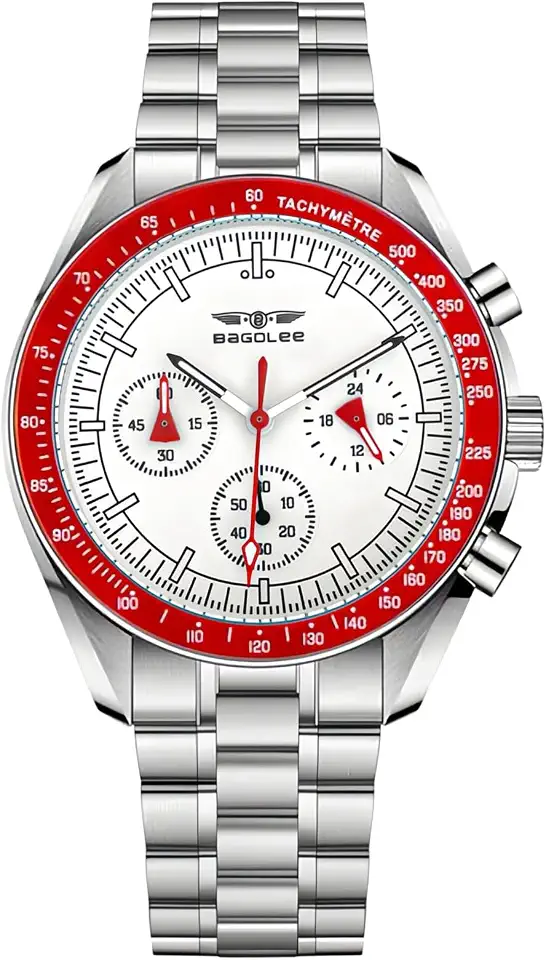 Men’s Stainless Steel Chronograph Watch, 42mm Tachymeter Bezel, Quartz Movement, 30M Water Resistant, Luminous Hands, Mineral Glass Bracelet Timepiece