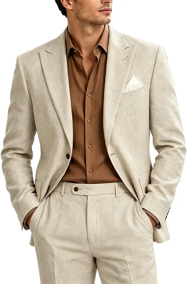 Men's 2 Piece Linen Dress Suit Slim Fit Peak Lapel Lightweight Blazer Pants
