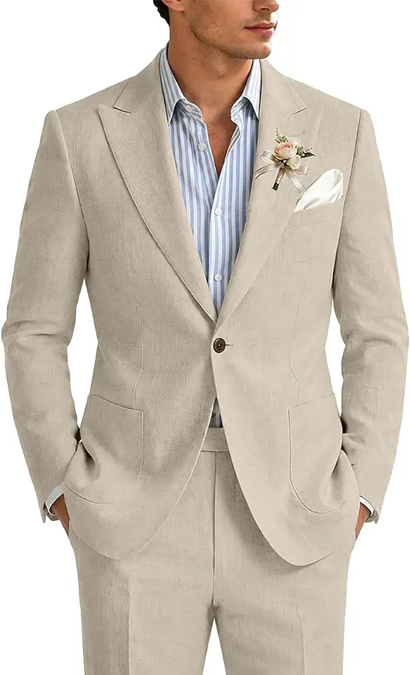 Linen Suit for Men 2 Piece Slim Fit Mens Linen Suit Set Summer Beach Wedding Suits Casual Blazer Pants