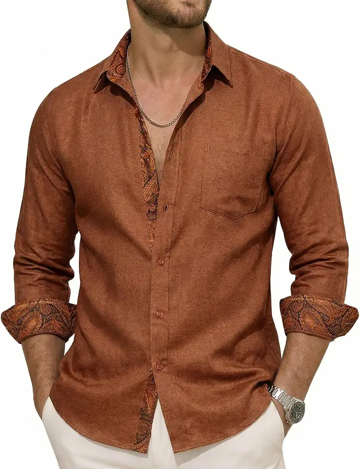 Barry.Wang Mens Linen Shirt Floral Collar Breathable Casual Summer Shirts