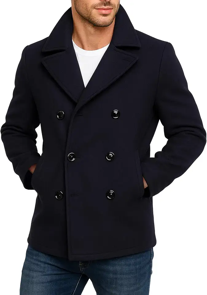 Mens Peacoat Winter Pure Wool Jacket – Double Breasted Wool Coat Navy