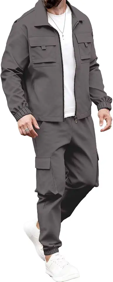 Men's Cargo Jacket Track suit 2 Pieces Set Outfits Casual Multi-Pockets Long Sleeve Jacket and Cargo Pants Set
