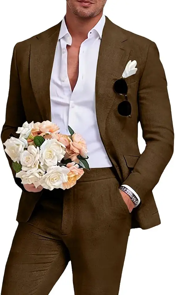 Men's Linen Suit 2 Piece Slim Fit Summer Beach Wedding Prom Party