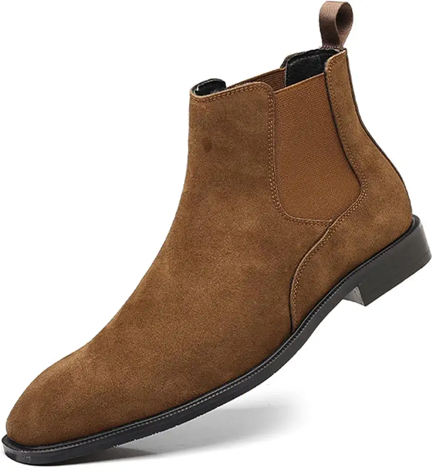 Men's Suede Chelsea Boots Almond Toe Low Heel Classic Side Elastic Band Slip On Comfortable Fashion Dress Ankle Boots for Work Business Daily Wear
