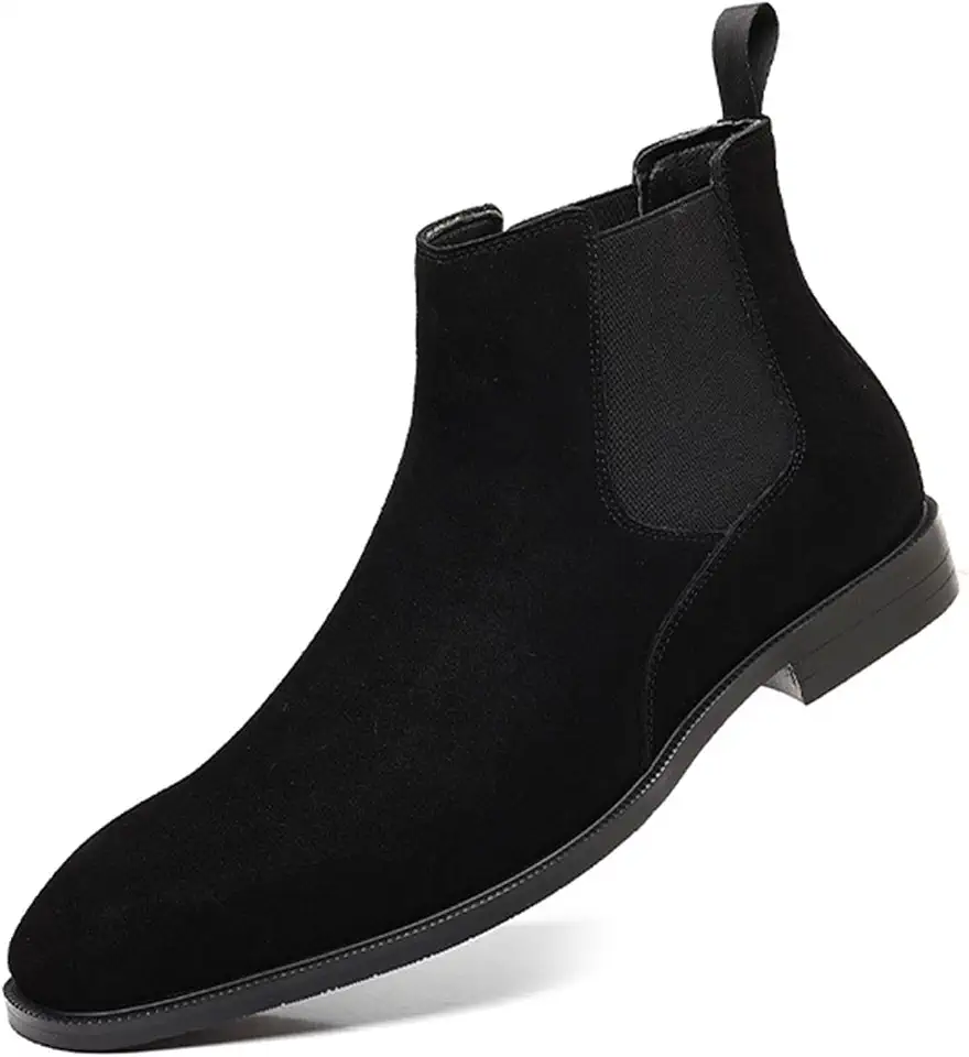 Men's Suede Chelsea Boots Almond Toe Low Heel Classic Side Elastic Band Slip On Comfortable Fashion Dress Ankle Boots for Work Business Daily Wear
