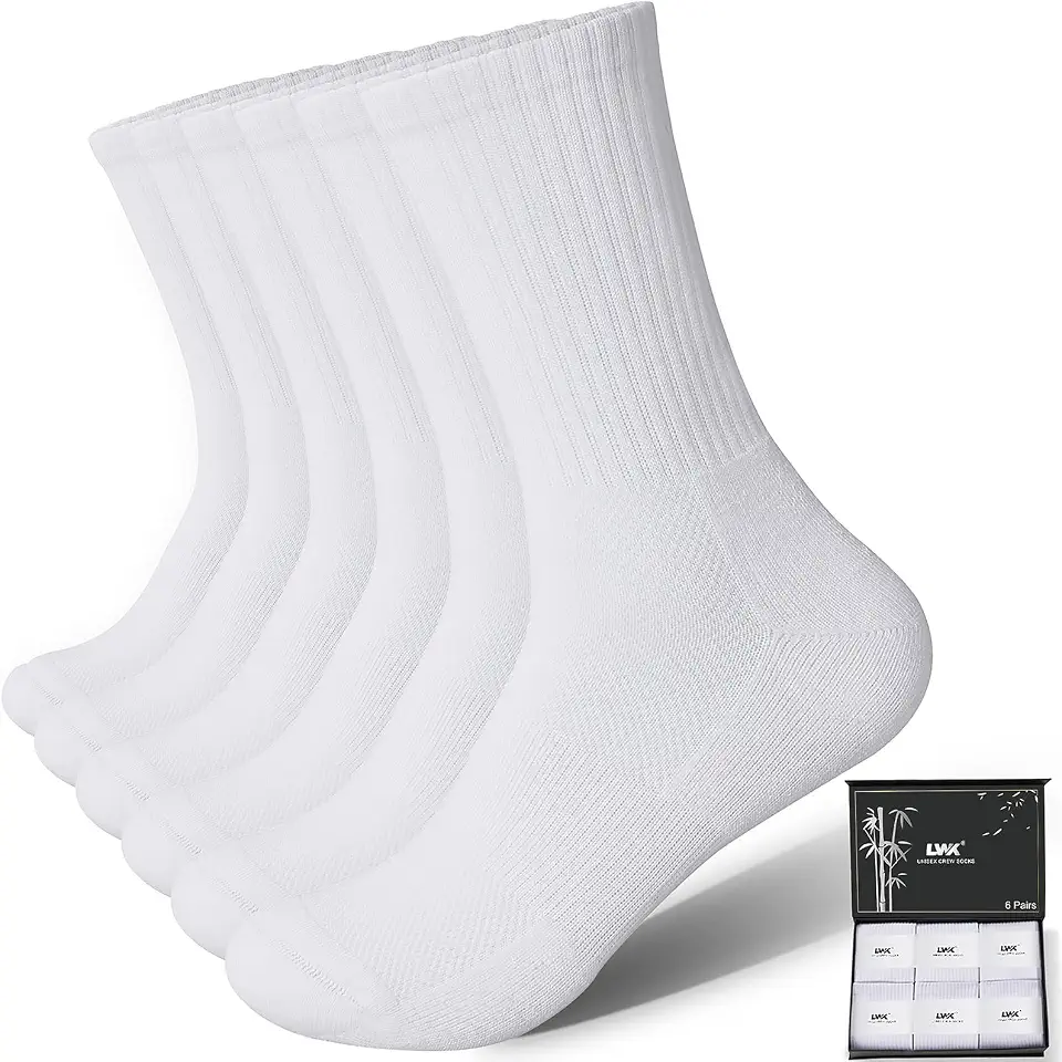 LWK Men's Bamboo Viscose Thick Cushioned Crew Socks 6-Pack Gift Box