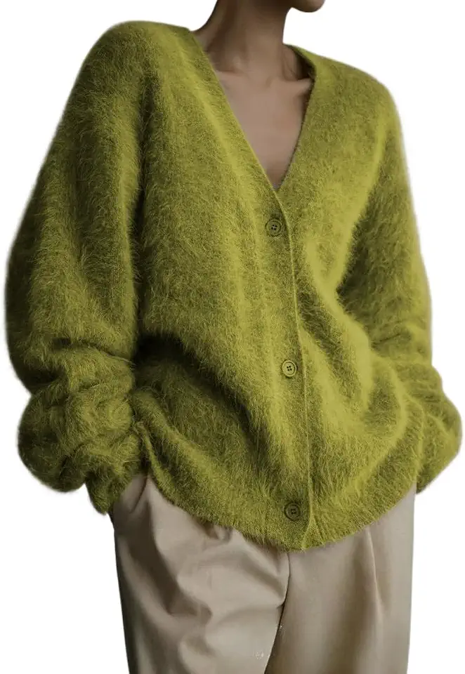 Men's Olive Green Mohair Cardigan Sweater