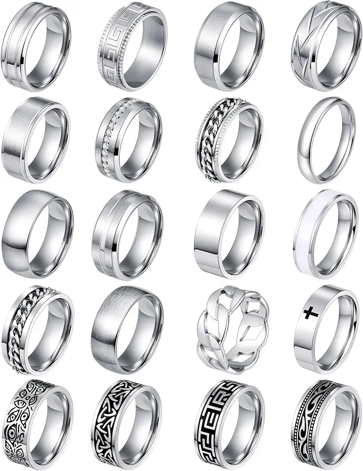 FIRAZIO 20PCS Silver Rings for Men Stainless Steel Rings 7-13