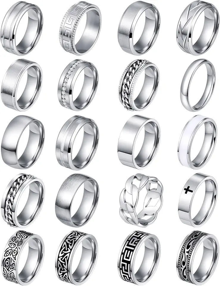 FIRAZIO 20PCS Silver Rings for Men Stainless Steel Rings 7-13