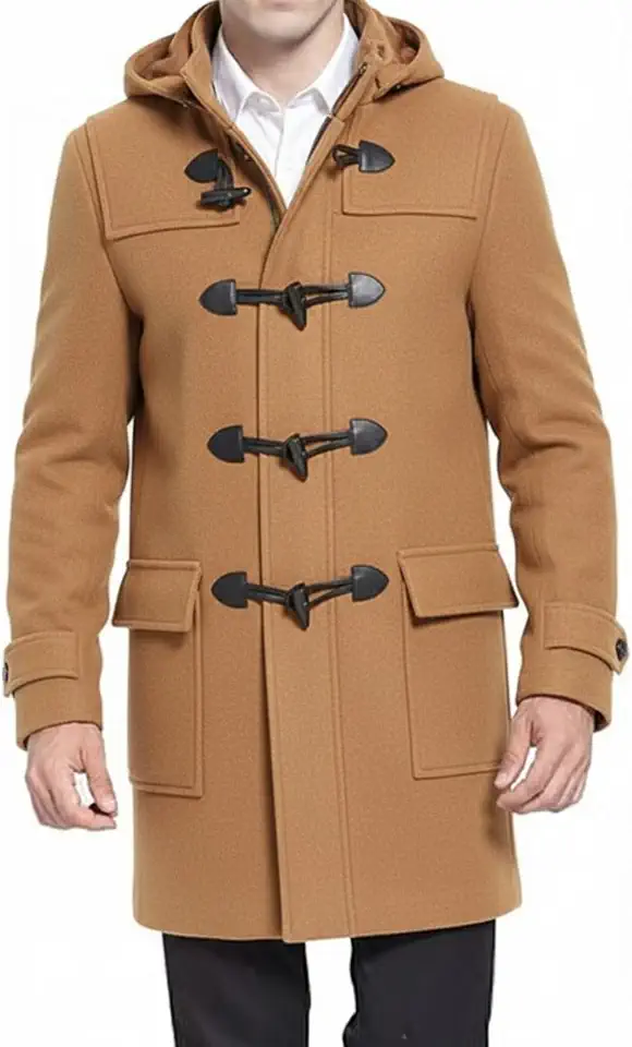SBL SOUTH BEACH LEATHER Men’s Black Duffle Coat with Hood - Winter Wool Blend Long Car Coat - Toggle Button Closure (US, Alpha, X-Large, Regular, Regular, Camel)
