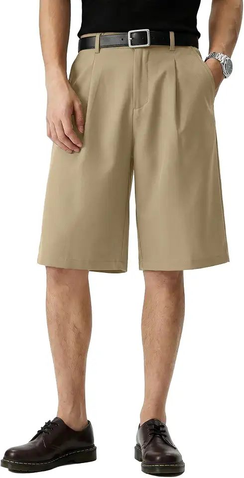 JMIERR Mens Pleated Shorts Flat Front Wide Leg Loose Fit Baggy Dress Elastic Waist Business Shorts