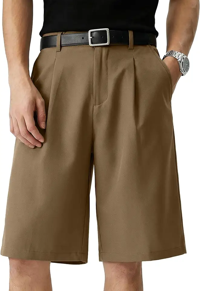 JMIERR Mens Pleated Shorts Flat Front Wide Leg Loose Fit Baggy Dress Elastic Waist Business Shorts