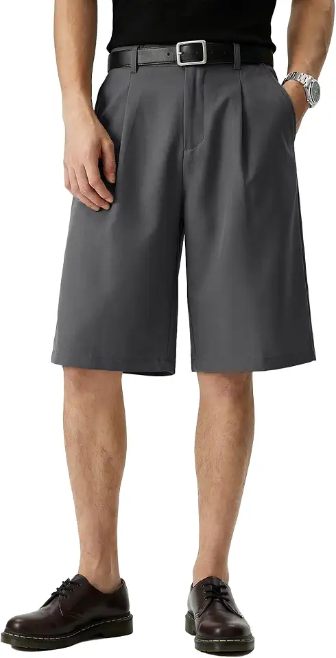 JMIERR Mens Pleated Shorts Flat Front Wide Leg Loose Fit Baggy Dress Elastic Waist Business Shorts