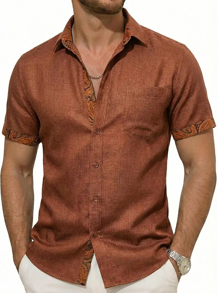 Men's Terracotta Rust Linen Camp Collar Shirt