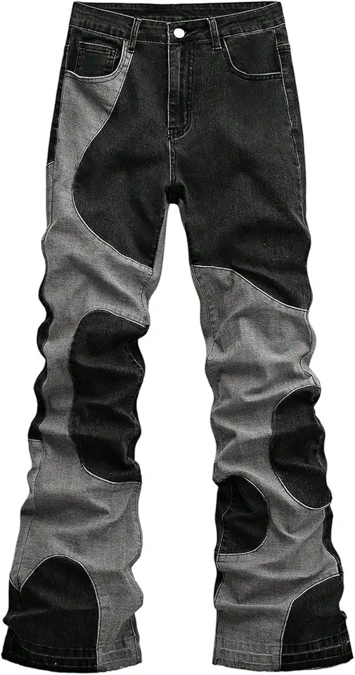 WDIRARA Men's Color Block Bootcut Jeans Flare Denim Pants Streetwear with Pockets