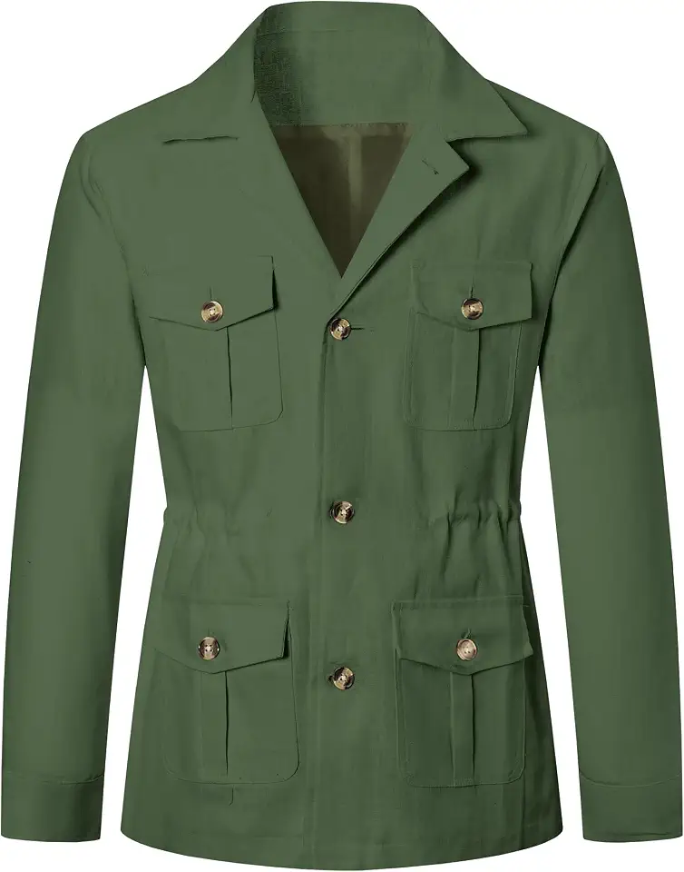 Betusline Men's Safari Linen Long Sleeve Military Cargo Jacket
