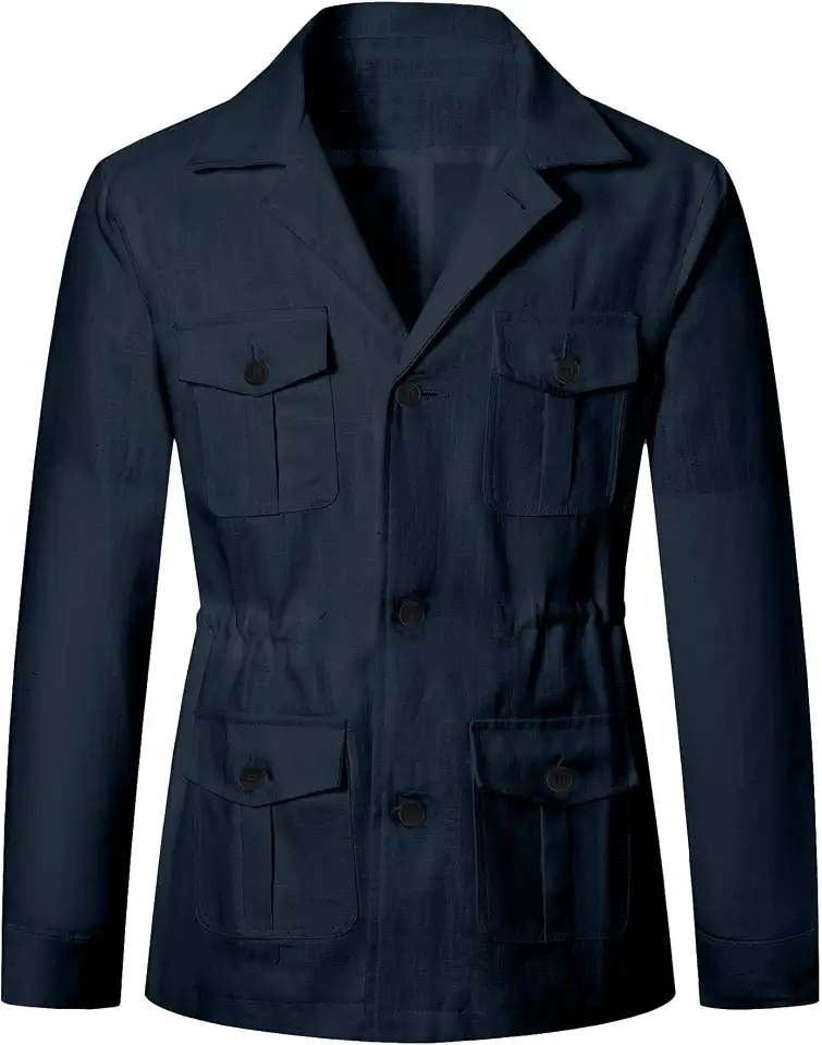 Betusline Men's Safari Linen Long Sleeve Military Cargo Jacket