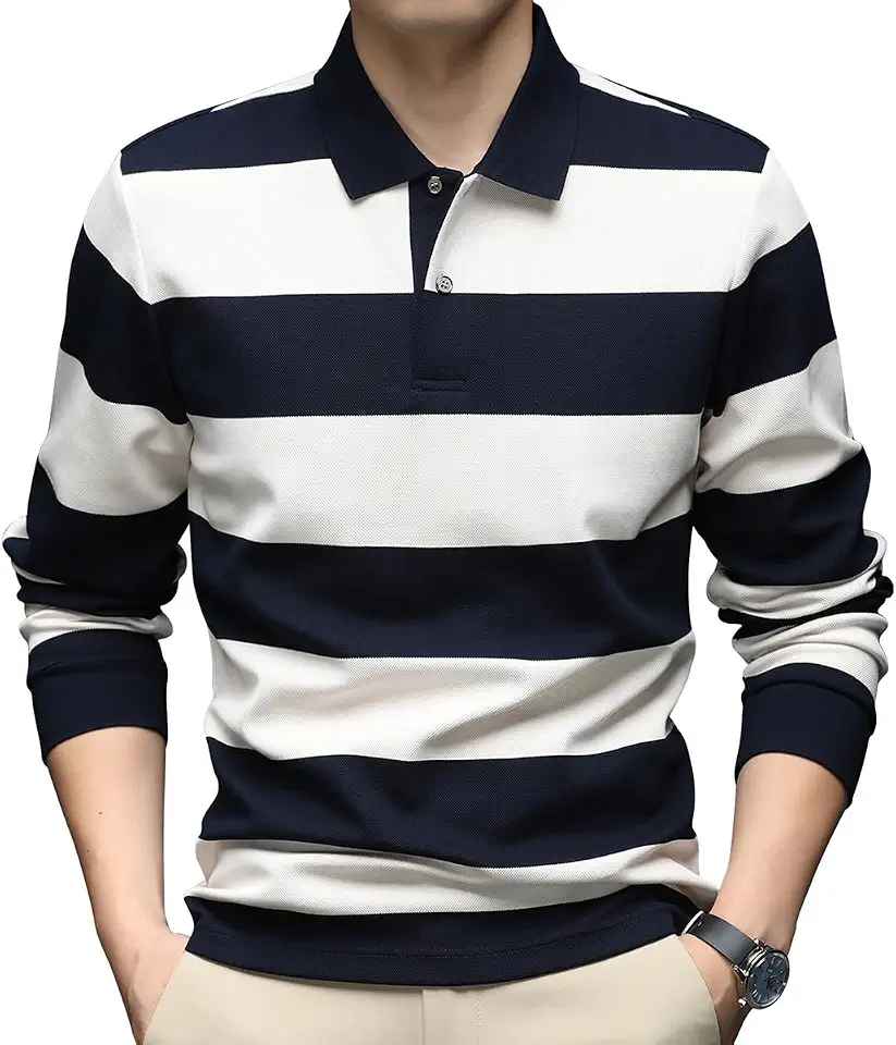 Mens Casual Cotton Blend Striped Long Sleeve Collared T Shirt Polo Shirts