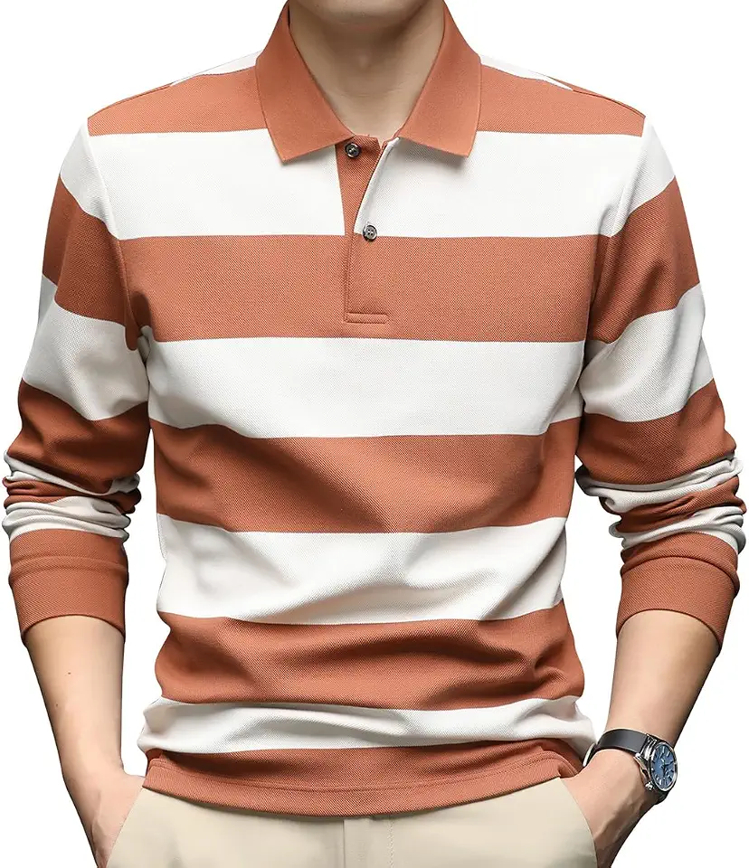 Mens Casual Cotton Blend Striped Long Sleeve Collared T Shirt Polo Shirts