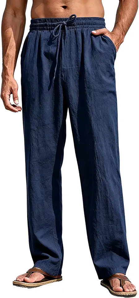 Mens Casual Linen Pants Elastic Waist Linen Pants Drawstring Summer Beach Yoga Cotton Linen Trouser