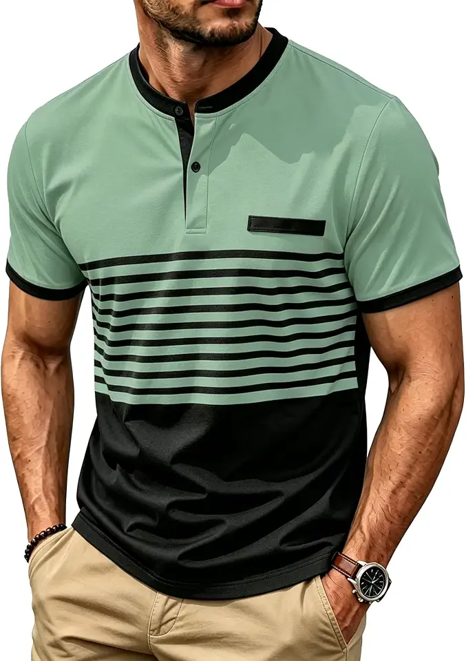 Mens T-Shirts Short Sleeve Button Casual Stylish Basic Tees Work Striped Shirts Henley Summer Lightweight Stretch Top
