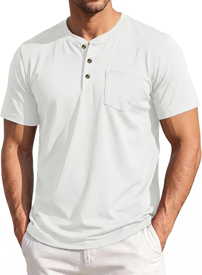 Men's White Short Sleeve Henley T Shirt